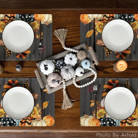 Gnomes Pumpkins Fall Placemats Set of 4, 12x18 Inch Seasonal Autumn Thanksgiving - Picture 3 of 5